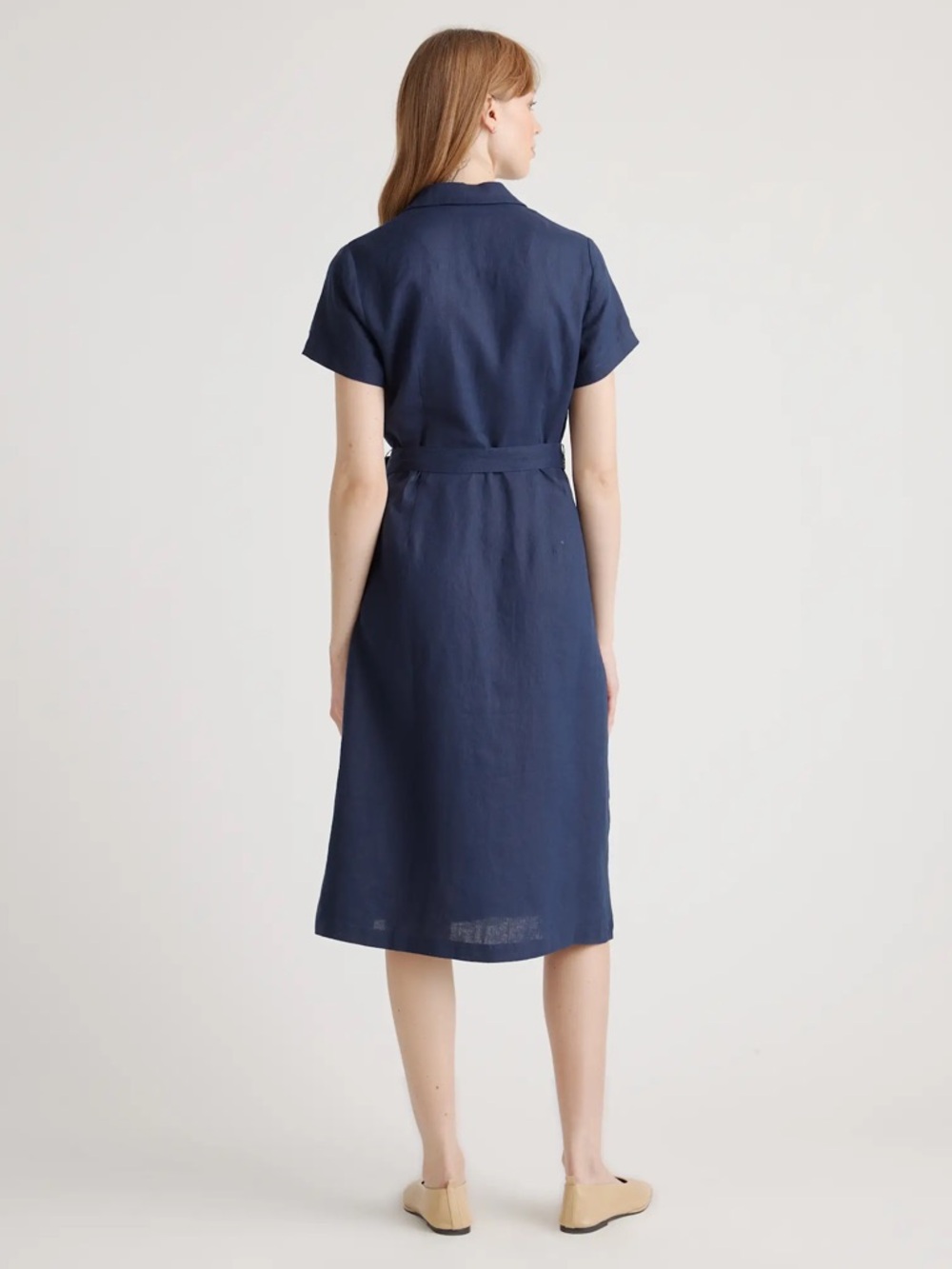 Quince Navy Short-Sleeve 100% European Linen Button Midi Dress - Picture 3 of 6